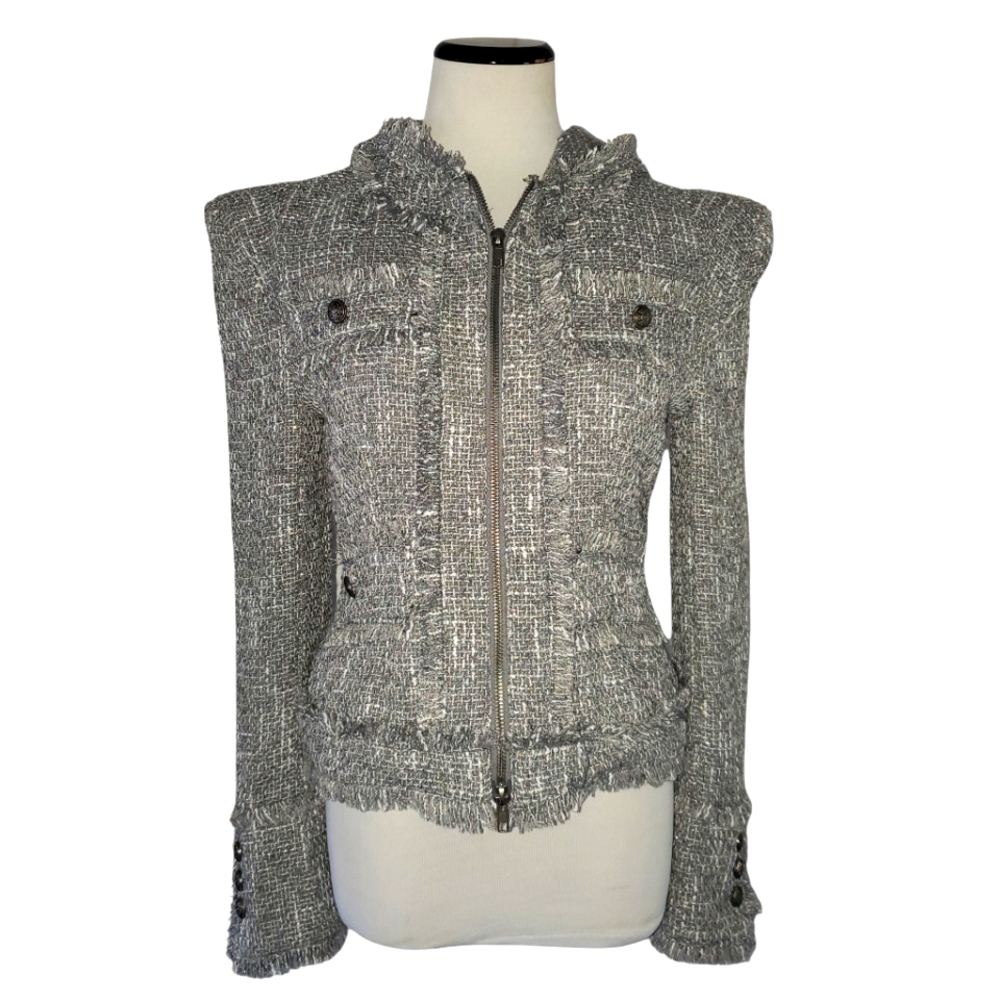 🔥FAB'RIK Grey Zip-Up Hooded Fringed Lined Tweed Blazer/Jacket Women's SZ Small